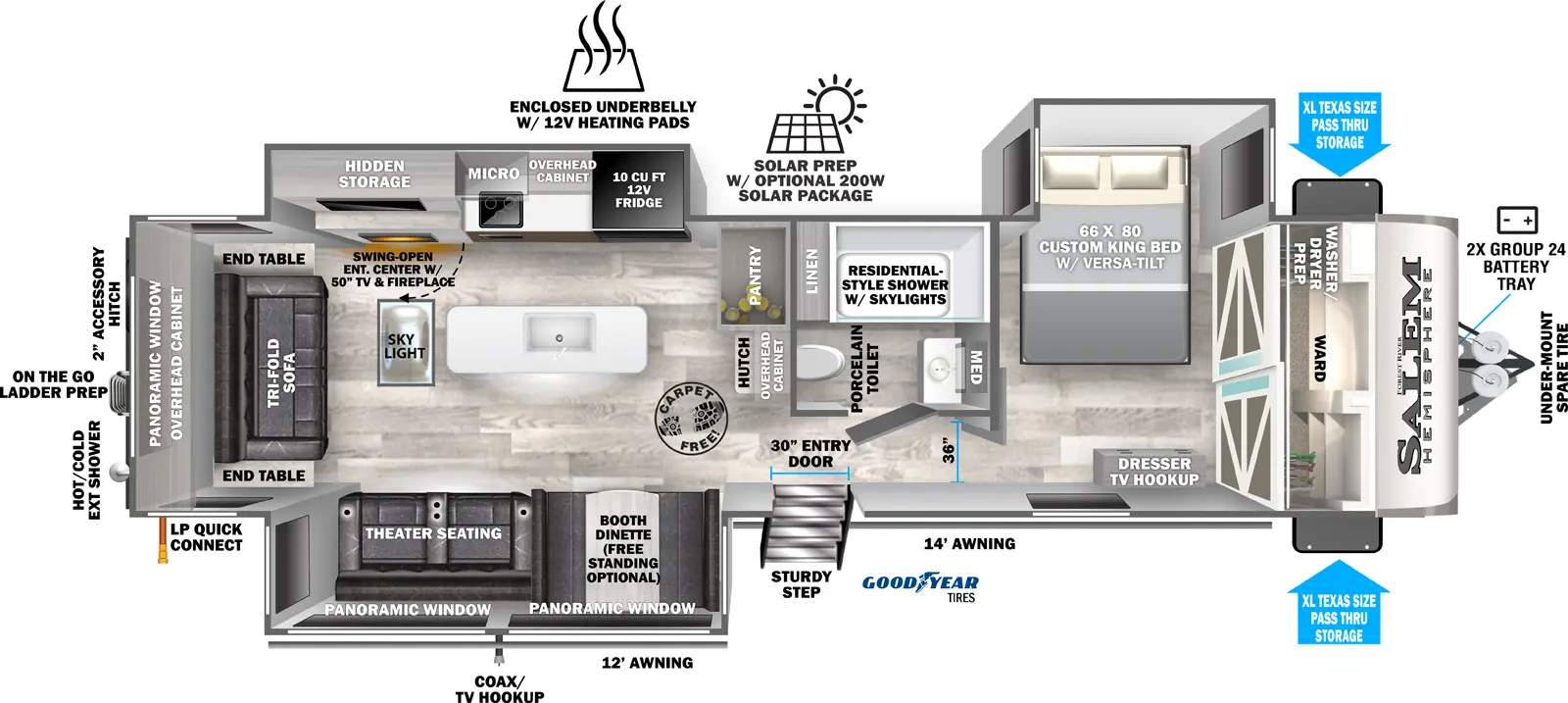 The 308RL has 3 slideouts, 2 on the off-door side and 1 on the door side. Exterior features include: a rear spare tire, on the go ladder prep, rear hot/cold exterior shower, LP quick connect, coax/TV hookup with RV mount on the slide out, a 12 ft. and 14 ft. awning, 30 inch. entry door with Sturdy Step, XL Texas size pass-through storage, 2X group 24 battery tray on the tongue, solar prep with optional 200W solar package and enclosed underbelly with 12V heating pads. Interior layout from front to back includes: front bedroom with door side slideout holding a 66 x 80 custom King bed, front wall wardrobe with washer/dryer prep and dresser with RV hookup across from the foot of the bed; off-door side bathroom with residential shower & skylights, porcelain toilet, linen storage, medicine cabinet and vanity; 36 in. wide hallway leads to kitchen/living area; rear facing hutch with overhead cabinet and pantry; off-door side slideout containing entertainment center with 50 in. TV & fireplace, overhead cabinet, overhead microwave and 10 cu. ft. refrigerator; door side slide out with theater seating and booth dinette with option for free standing table & chairs; and a tri-fold sofa and 2 end tables along the rear wall.